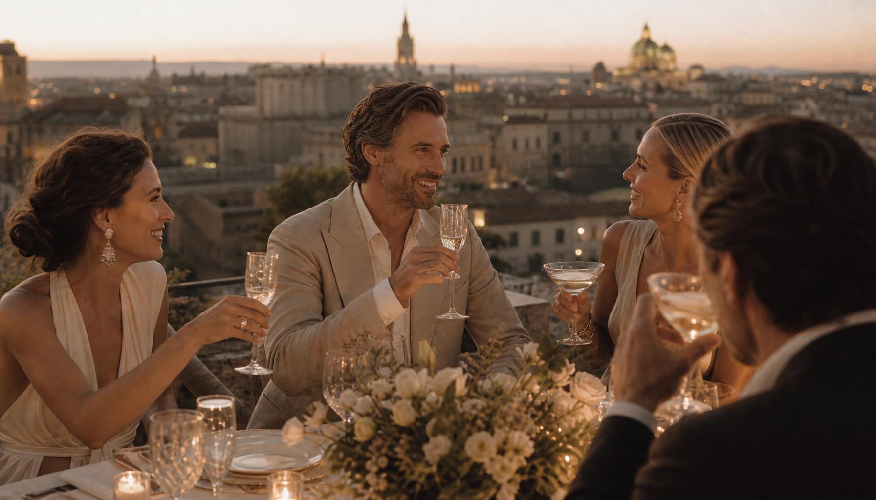 Adultos elegantes brindando en una cena al atardecer